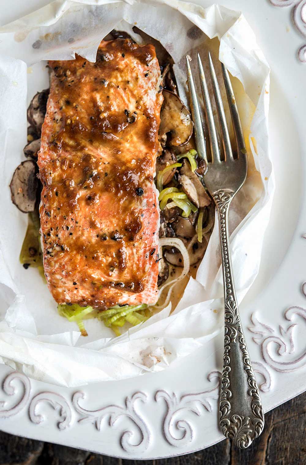 Salmon en Papillote with Kalamata Compound Butter