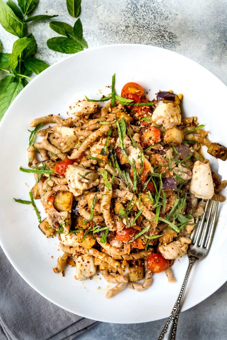 Busiate (pasta) with Swordfish, Eggplant, Tomatoes, Almonds and Mint