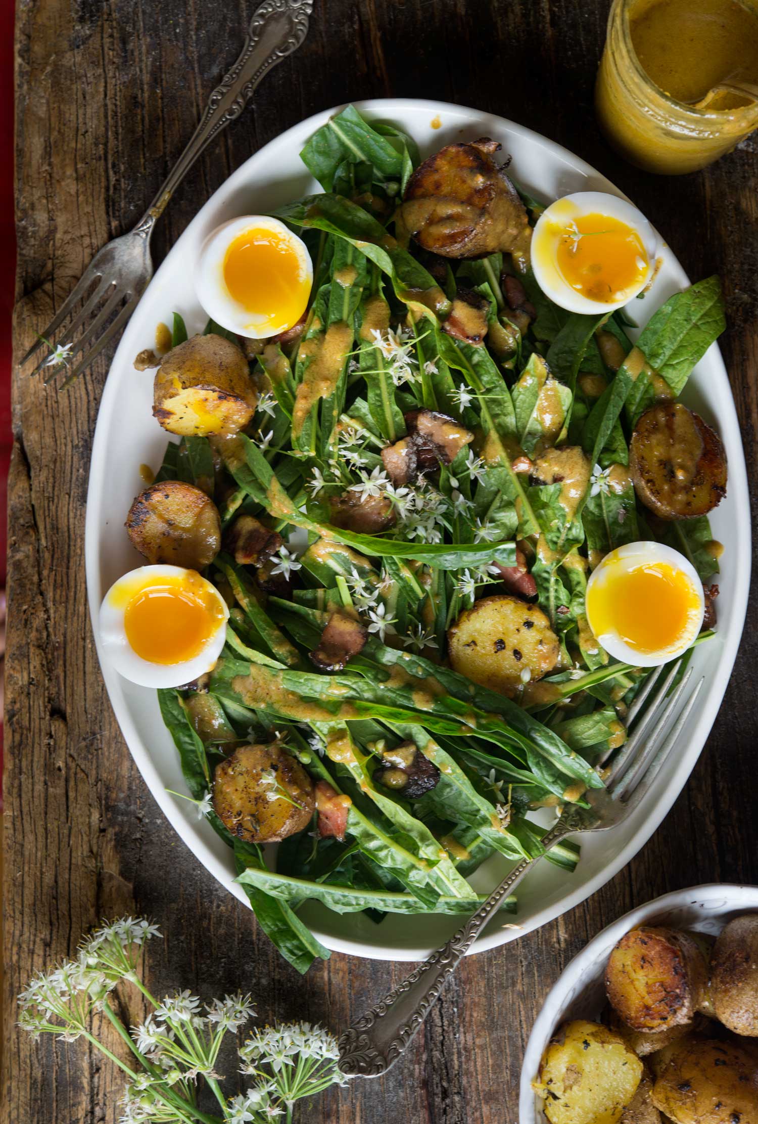 puntarelle-salad-with-duck-eggs-potatoes-bacon-wild-greens-sardines