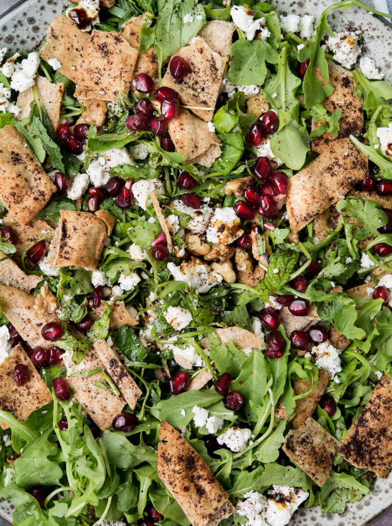 Mixed Herb and Feta Salad with Pomegranate Seeds, Crispy Pita, and ...