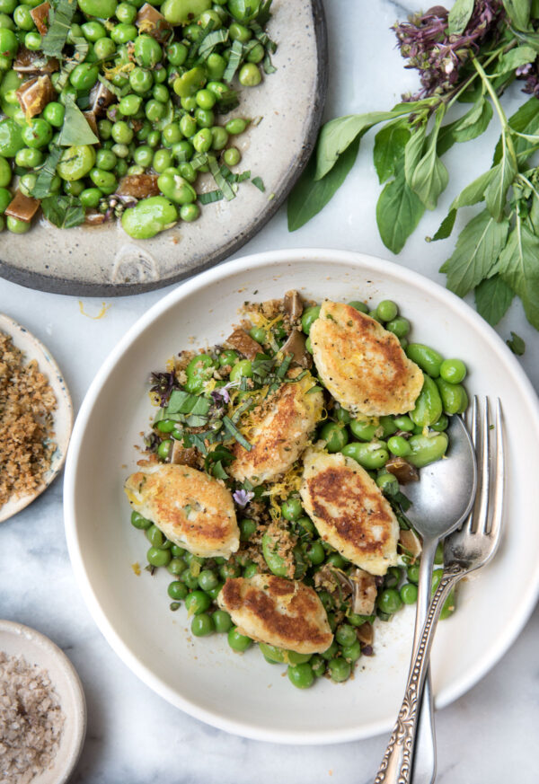 Ricotta Gnudi With Peas And Fava Wild Greens Sardines